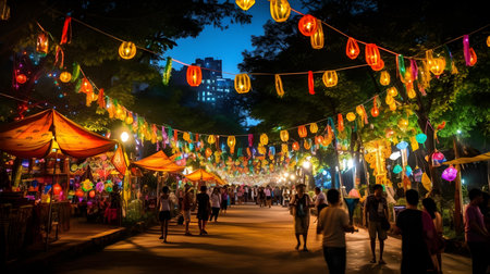 Unidentified people walking on the street during the annual Lantern Festival in Bangkok, Thailand.の素材