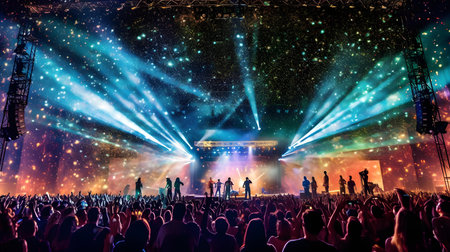 Concert crowd in front of a bright stage lights. Colorful backgroundの素材