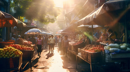 Unidentified Thai people selling fruits and vegetables at street market.の素材