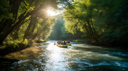 Canoeing in the middle of a forest river at sunset.の素材