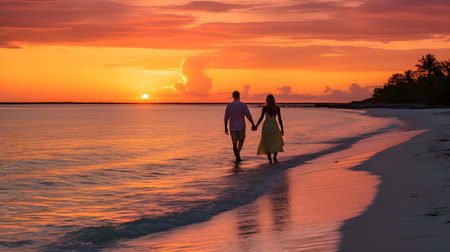 Couple in love walking on the beach at beautiful sunset in Maldivesの素材