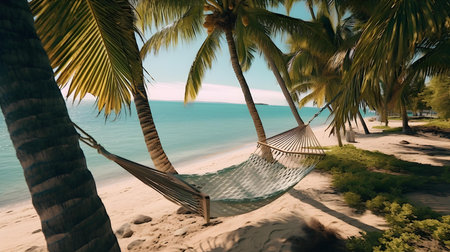 Hammock on the beach with palm trees. 3d renderingの素材