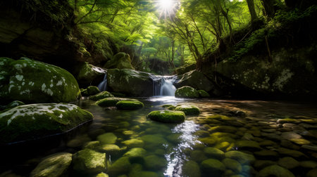 Beautiful waterfall in deep forest with green leaves and rocks, long exposureの素材