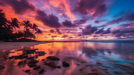 Tropical beach at beautiful sunset with coconut palm tree. Nature backgroundの素材