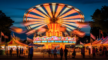 Amusement park at night with a carousel and people in motionの素材