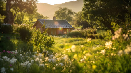 Sunrise over a small cottage in the middle of the meadowの素材