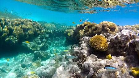 Underwater view of coral reef with fish and turquoise waterの素材