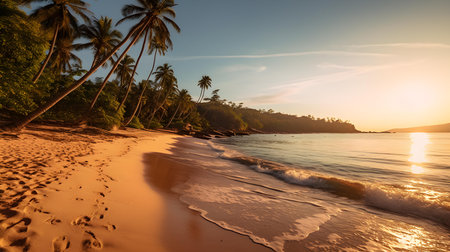Beautiful tropical beach with coconut palm trees at sunset in Sri Lankaの素材