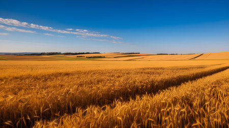 Agricultural landscape with golden wheat field and blue sky with cloudsの素材
