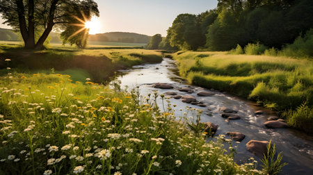 Sunset over a small river in the middle of a meadowの素材