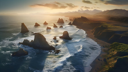 Fantasy alien planet. Mountain and sea. 3D illustration.の素材