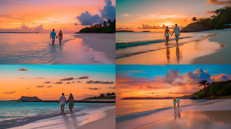 Collage of beautiful sunset on the beach at Seychellesの素材