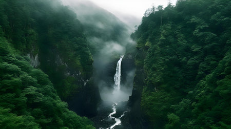 Mountain waterfall in the middle of the forest with mist in summerの素材