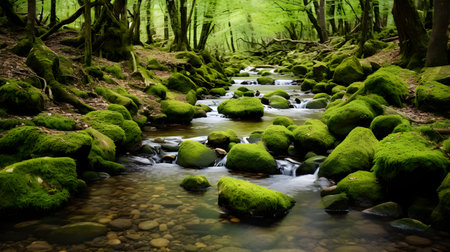 Beautiful river in the forest with green mossy stones and clear waterの素材