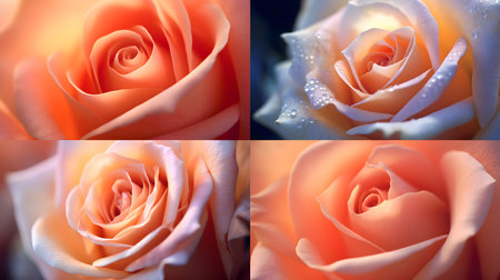 Collage of beautiful orange roses with water drops, close-upの素材