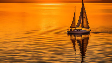 Sailing boat on the lake at sunset. Beautiful sunset on the lake.の素材