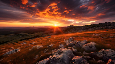Sunset over Peak District National Park, Derbyshire, UKの素材