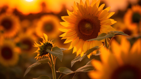 Sunflower field at sunset. Sunflower blooming in the field.の素材