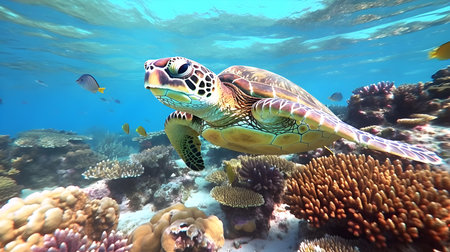 Green sea turtle swimming in the coral reef of the Red Sea.の素材