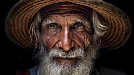 Portrait of an old man in a straw hat on a black backgroundの素材