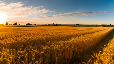 Sunset over a wheat field with a farm in the background.の素材