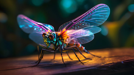 Macro photo of dragonfly on wooden background with bokehの素材
