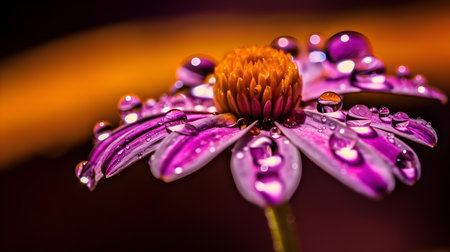 Macro shot of a purple flower with water drops on it.の素材