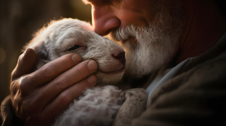 Close-up portrait of an elderly man stroking his newborn lambの素材
