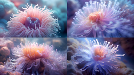 3D illustration of anemone in a collage with different colorsの素材