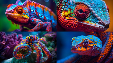 Collage of colorful chameleon close-up. Colorful chameleon.の素材