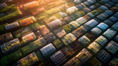 Aerial view of solar power plant in the countryside at sunset.の素材