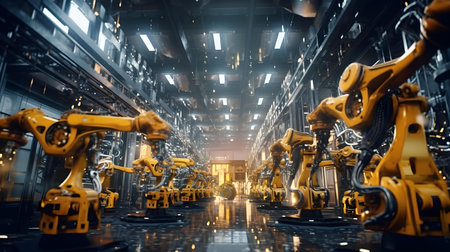 3d rendering industrial robot arms working in factory. Concept of artificial intelligence for industrial revolution and automation manufacturing process.の素材