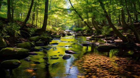 Stream in the green forest. Beautiful nature scene. Beauty world.の素材
