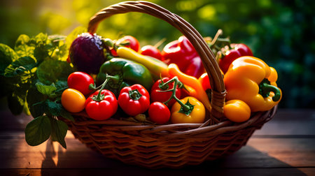 Fresh vegetables in a basket on wooden table. Selective focus.の素材
