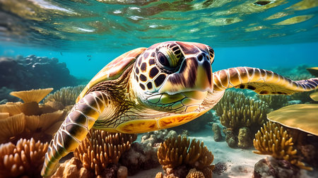 Hawaiian Green Sea Turtle (Chelonia mydas) in the ocean.の素材
