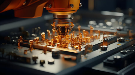 3d rendering robotic arm working on assembly line. Automotive industryの素材
