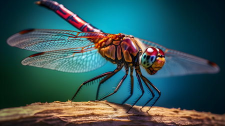 Macro shot of a dragonfly on a piece of wood.の素材