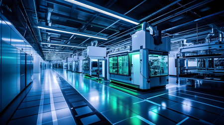 3d render of factory interior with conveyor belt and glass panelsの素材