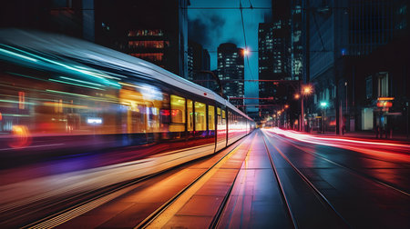 Modern tram in the city at night. Concept of rapid transit.の素材