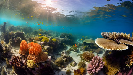 Underwater view of coral reef with tropical fishes and corals.の素材