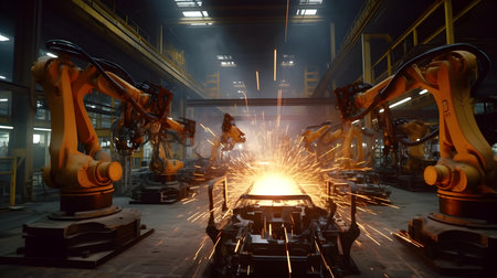 Industrial robot working in a factory. Industrial robot working in a factoryの素材