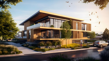 3d rendering, modern cozy house with pool and parking for sale or rent with wood plank facade.の素材