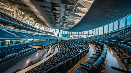 Empty seats of a large modern football stadium or sports hall with blue seats and VIP boxesの素材