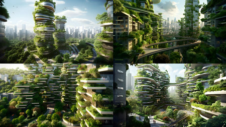 3D rendering of a futuristic city in a green city with skyscrapersの素材