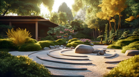 garden with stone path in the garden at sunset,3d renderの素材