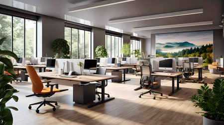 Modern coworking office interior design. Workplace concept. 3D renderingの素材
