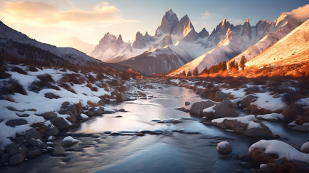 Fantastic winter landscape with snow-capped peaks of Fitz Roy, Argentinaの素材