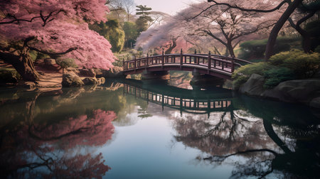 cherry blossom in japanese garden with red bridge and reflectionの素材