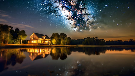 Milky way over the house on the lake at night with reflectionの素材