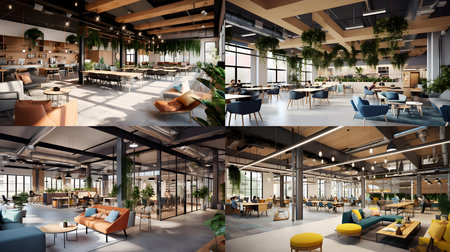 3d rendering of modern coffee shop in loft style with wooden floorの素材
